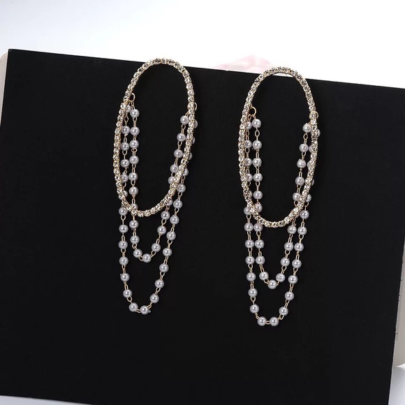 Oval Hoop Pearl Strands Drop Rhinestone Earrings - Picture 6 of 11
